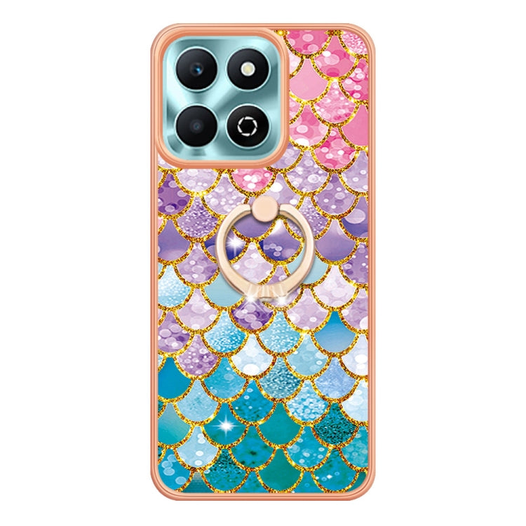 For Honor X6b Electroplating Pattern IMD TPU Shockproof Case with Rhinestone Ring Holder