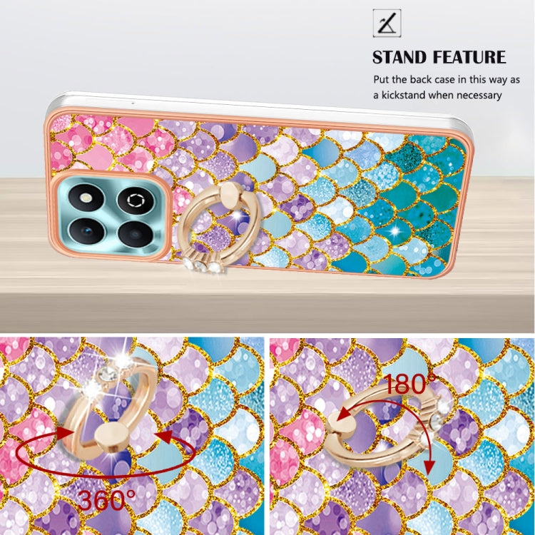 For Honor X6b Electroplating Pattern IMD TPU Shockproof Case with Rhinestone Ring Holder