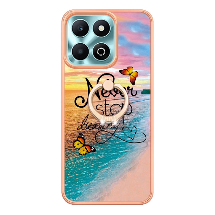 For Honor X6b Electroplating Pattern IMD TPU Shockproof Case with Rhinestone Ring Holder