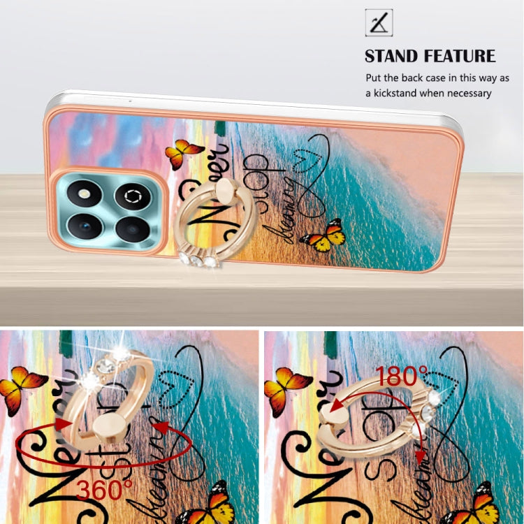 For Honor X6b Electroplating Pattern IMD TPU Shockproof Case with Rhinestone Ring Holder