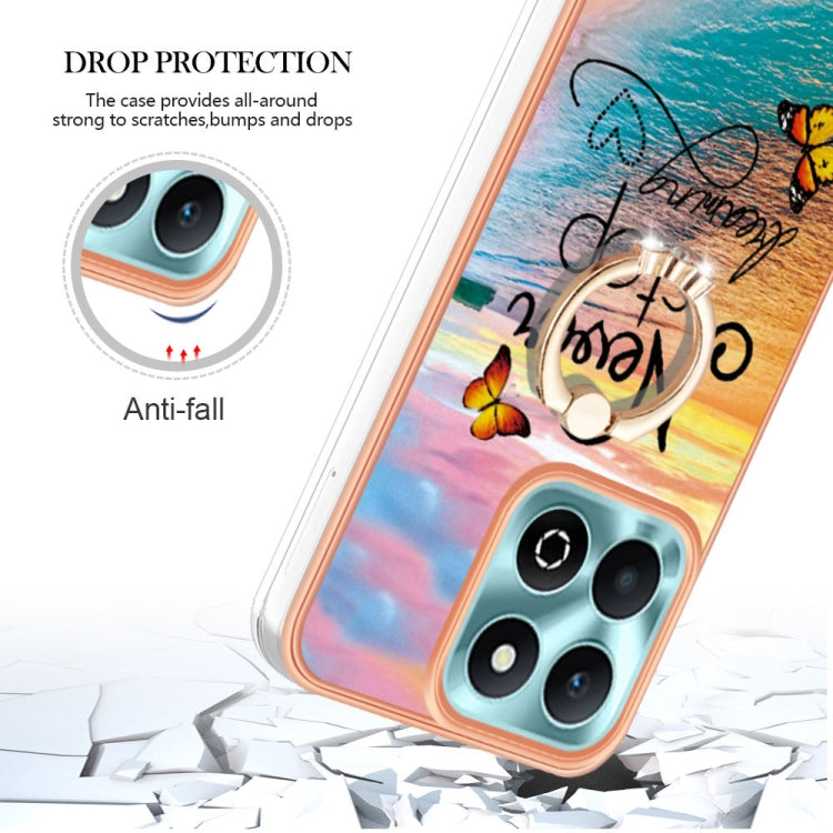 For Honor X6b Electroplating Pattern IMD TPU Shockproof Case with Rhinestone Ring Holder