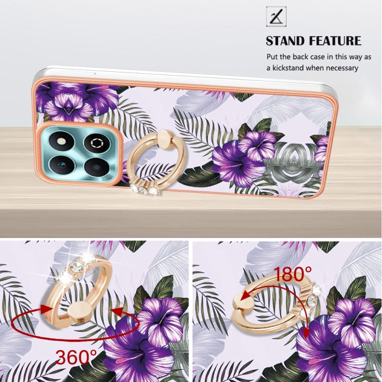 For Honor X6b Electroplating Pattern IMD TPU Shockproof Case with Rhinestone Ring Holder