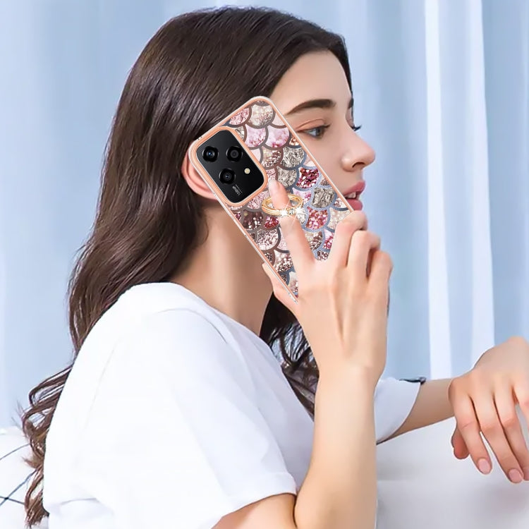 For Honor 200 Lite Global Electroplating Pattern IMD TPU Shockproof Case with Rhinestone Ring Holder