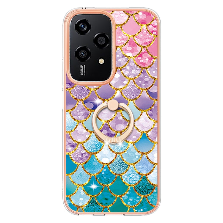 For Honor 200 Lite Global Electroplating Pattern IMD TPU Shockproof Case with Rhinestone Ring Holder