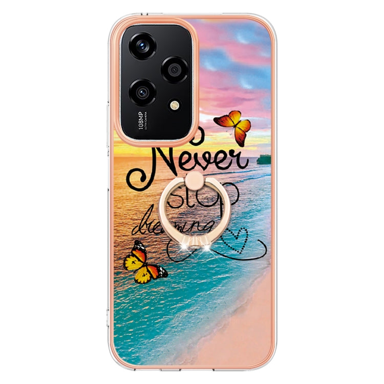 For Honor 200 Lite Global Electroplating Pattern IMD TPU Shockproof Case with Rhinestone Ring Holder