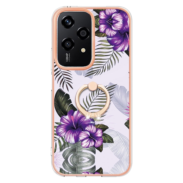 For Honor 200 Lite Global Electroplating Pattern IMD TPU Shockproof Case with Rhinestone Ring Holder