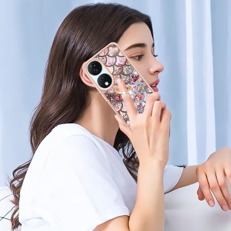 For Honor X7b 4G / 5G Electroplating Pattern IMD TPU Shockproof Case with Rhinestone Ring Holder