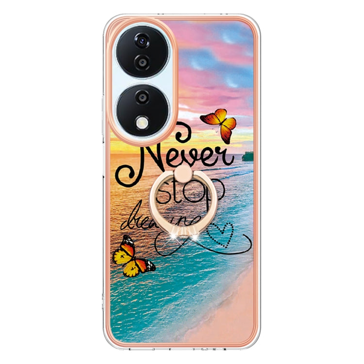 For Honor X7b 4G / 5G Electroplating Pattern IMD TPU Shockproof Case with Rhinestone Ring Holder