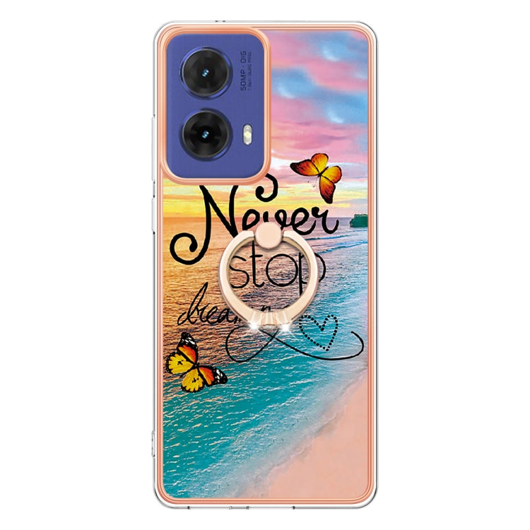 For Motorola Moto G85 Electroplating Pattern IMD TPU Shockproof Case with Rhinestone Ring Holder