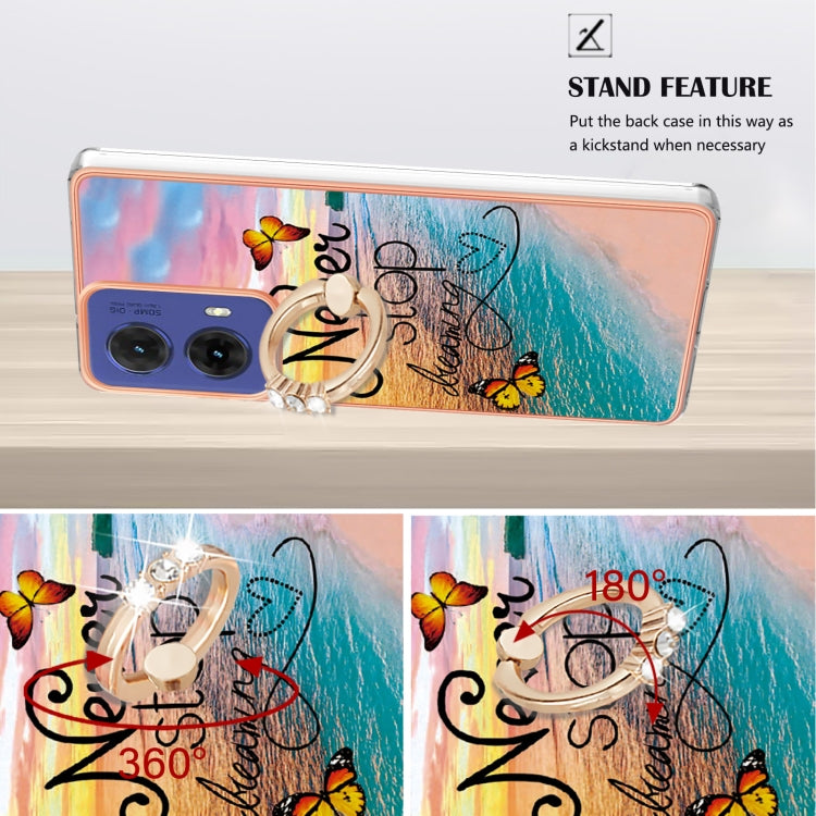 For Motorola Moto G85 Electroplating Pattern IMD TPU Shockproof Case with Rhinestone Ring Holder