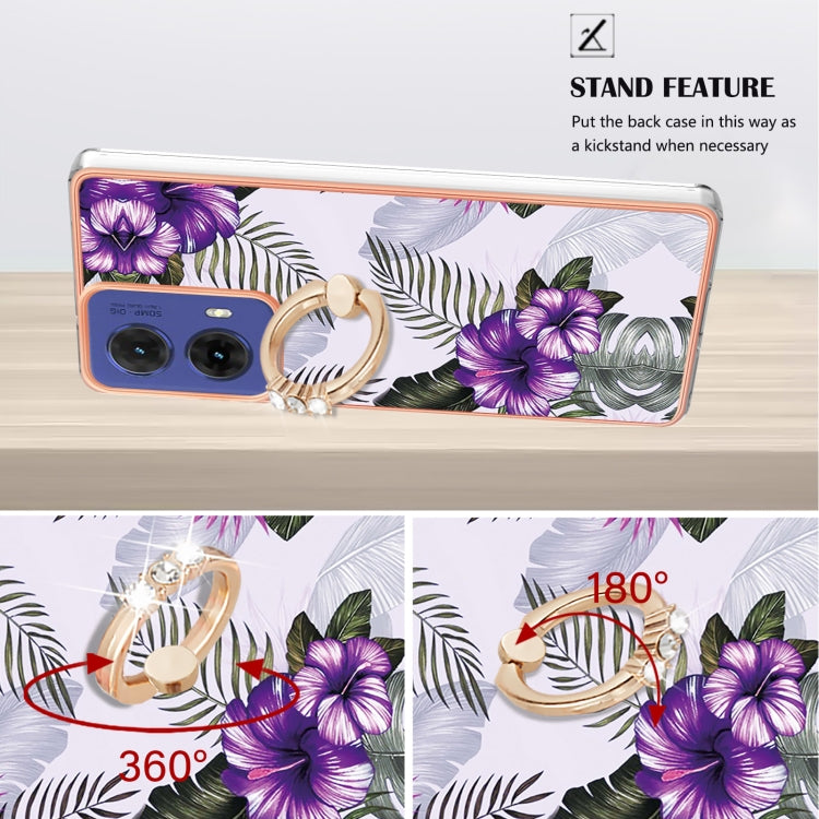 For Motorola Moto G85 Electroplating Pattern IMD TPU Shockproof Case with Rhinestone Ring Holder
