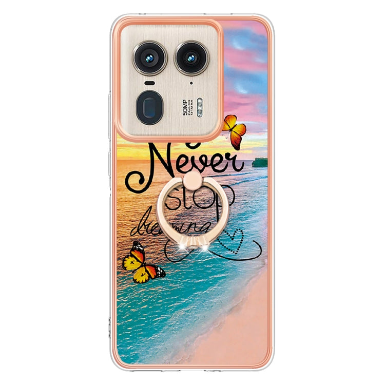 For Motorola Edge 50 Ultra Electroplating Pattern IMD TPU Shockproof Case with Rhinestone Ring Holder
