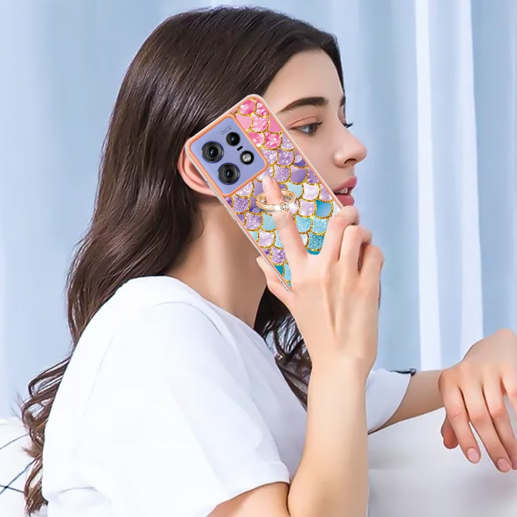 For Motorola Edge 50 Pro Electroplating Pattern IMD TPU Shockproof Case with Rhinestone Ring Holder