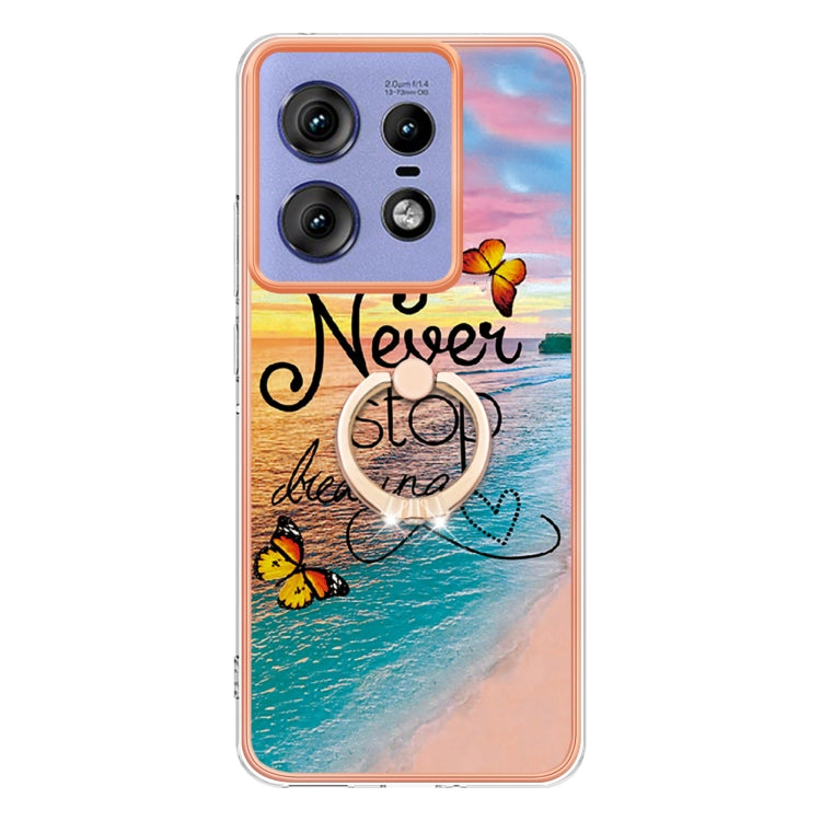 For Motorola Edge 50 Pro Electroplating Pattern IMD TPU Shockproof Case with Rhinestone Ring Holder