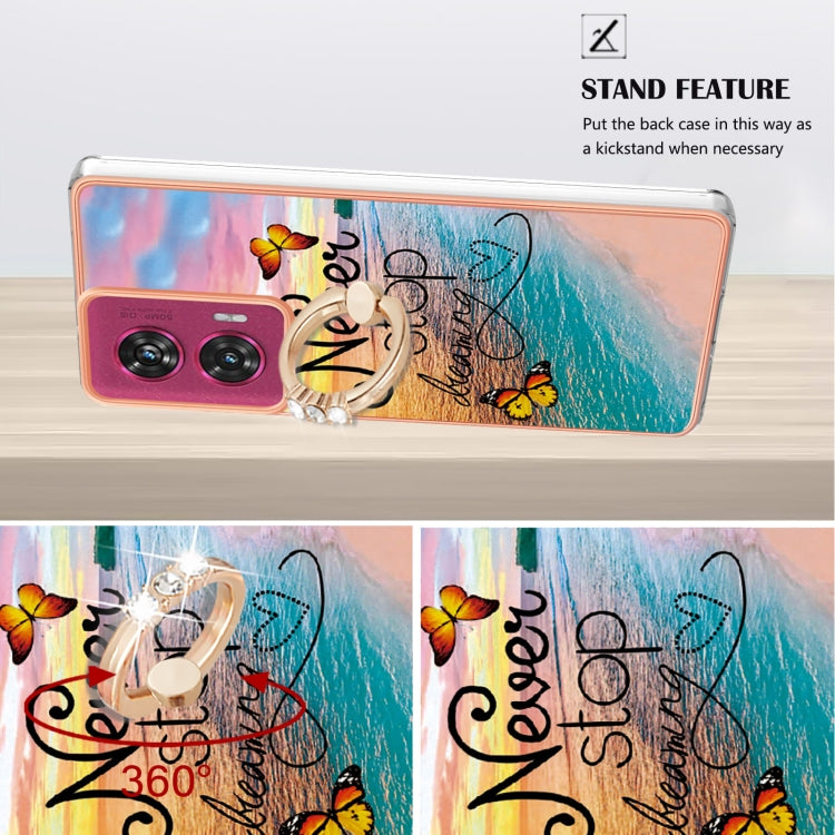 For Motorola Edge 50 Fusion Electroplating Pattern IMD TPU Shockproof Case with Rhinestone Ring Holder