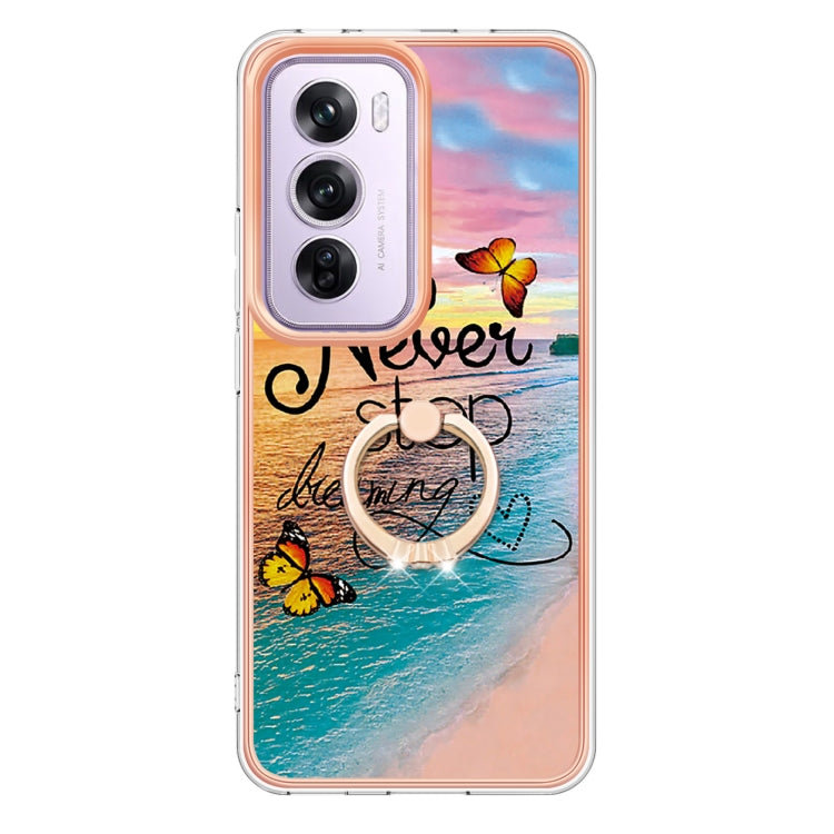 For OPPO Reno12 Pro Global Electroplating Pattern IMD TPU Shockproof Case with Rhinestone Ring Holder