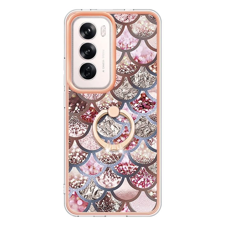 For OPPO Reno12 Global Electroplating Pattern IMD TPU Shockproof Case with Rhinestone Ring Holder