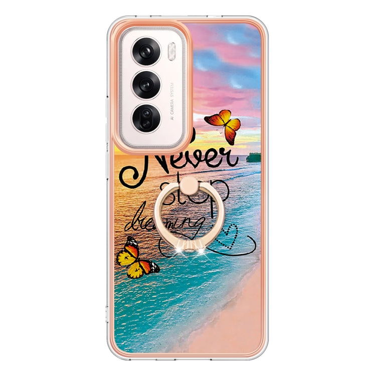 For OPPO Reno12 Global Electroplating Pattern IMD TPU Shockproof Case with Rhinestone Ring Holder