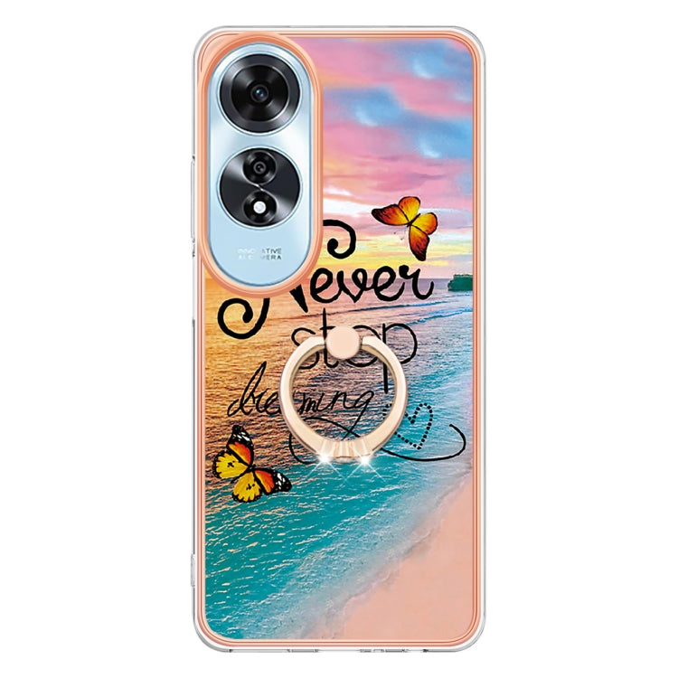 For OPPO A60 Electroplating Pattern IMD TPU Shockproof Case with Rhinestone Ring Holder