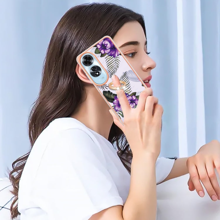 For OPPO A60 Electroplating Pattern IMD TPU Shockproof Case with Rhinestone Ring Holder