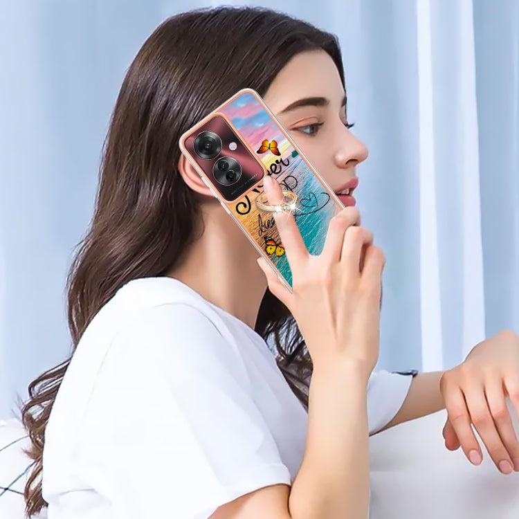 For OPPO Reno11 F 5G Global Electroplating Pattern IMD TPU Shockproof Case with Rhinestone Ring Holder