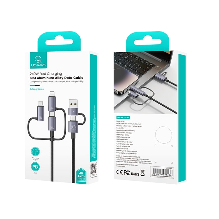 USAMS SJ737 240W 6 in 1 Aluminum Alloy Fast Data Charging Cable, Length: 1.2m - Gun Color