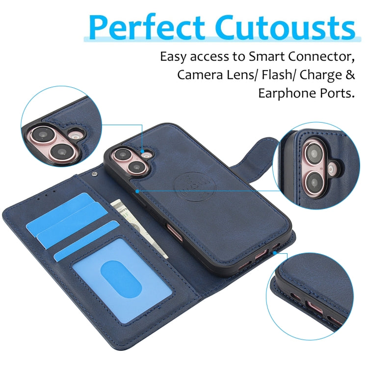 For iPhone 16 Calf Texture 2 in 1 Detachable Magnetic Back Cover Leather Case