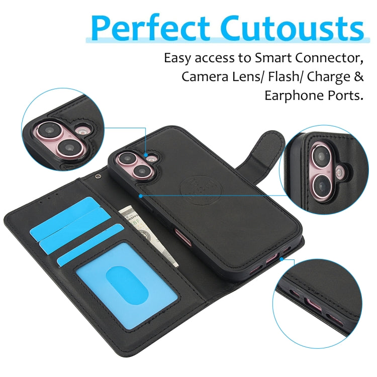 For iPhone 16 Plus Calf Texture 2 in 1 Detachable Magnetic Back Cover Leather Case