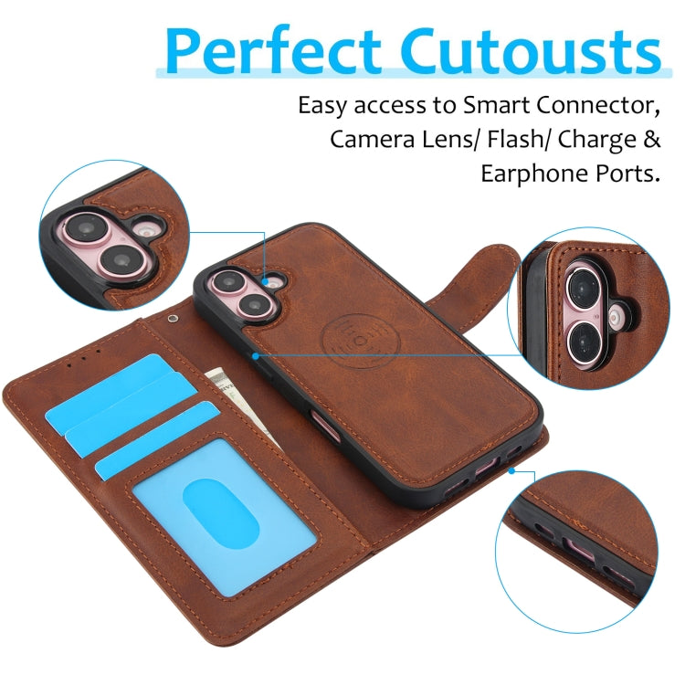 For iPhone 16 Plus Calf Texture 2 in 1 Detachable Magnetic Back Cover Leather Case