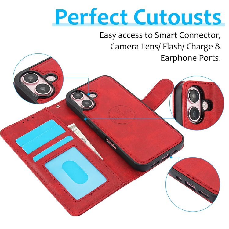 For iPhone 16 Plus Calf Texture 2 in 1 Detachable Magnetic Back Cover Leather Case