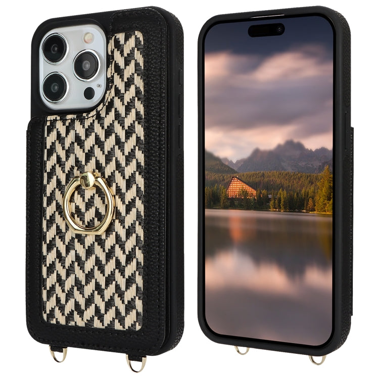 For iPhone 15 Pro Max Double Bckle Card Slot Full Coverage Phone Case with Cross-body Strap