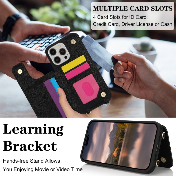 For iPhone 15 Pro Double Bckle Card Slot Full Coverage Phone Case with Cross-body Strap