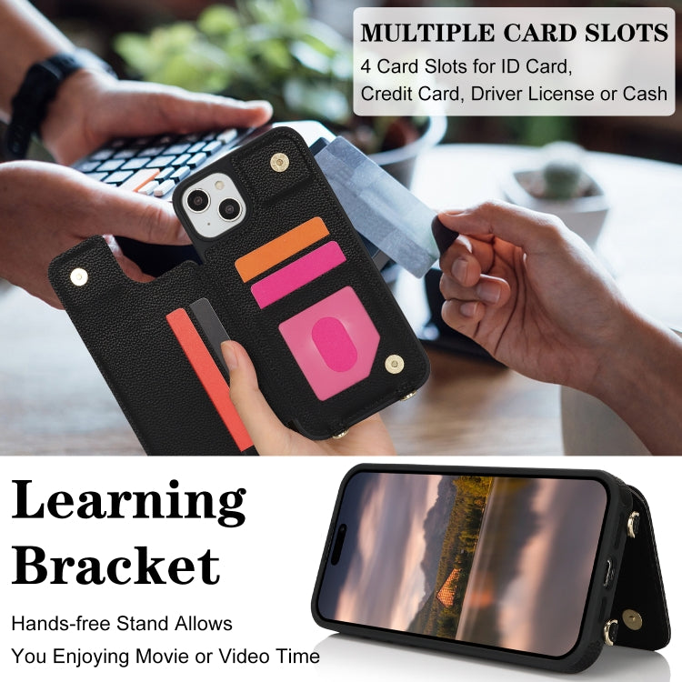 For iPhone 15 Double Bckle Card Slot Full Coverage Phone Case with Cross-body Strap