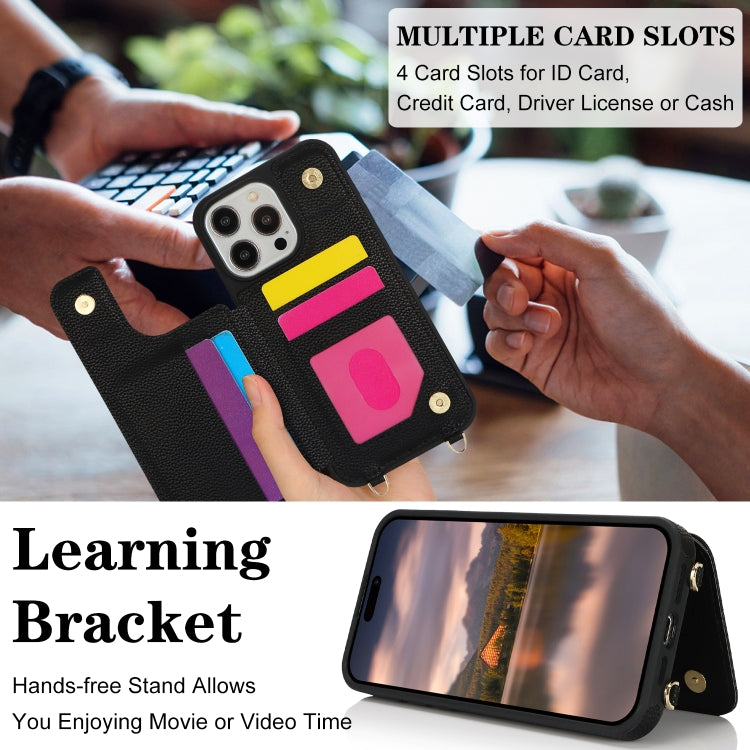 For iPhone 14 Pro Double Bckle Card Slot Full Coverage Phone Case with Cross-body Strap