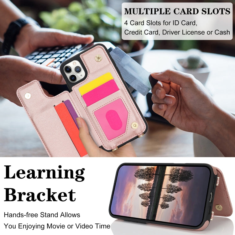 For iPhone 11 Pro Max Double Bckle Card Slot Full Coverage Phone Case with Cross-body Strap