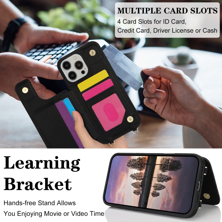 For iPhone 16 Pro Double Bckle Card Slot Full Coverage Phone Case with Cross-body Strap