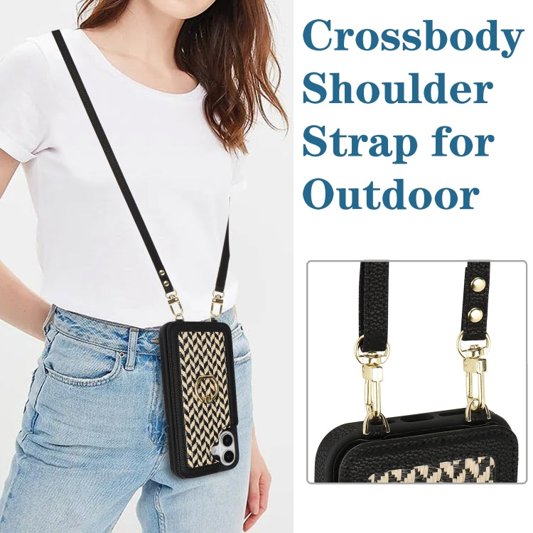 For iPhone 16 Plus Double Bckle Card Slot Full Coverage Phone Case with Cross-body Strap