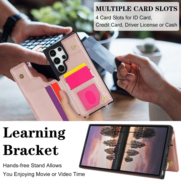For Samsung Galaxy S23 Ultra 5G Double Bckle Card Slot Full Coverage Phone Case with Cross-body Strap