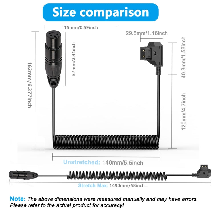D-Tap to XLR 4 Pin Camera Monitor Power Supply Cable Coiled Adapter Cable, Length: 1.5m - Black