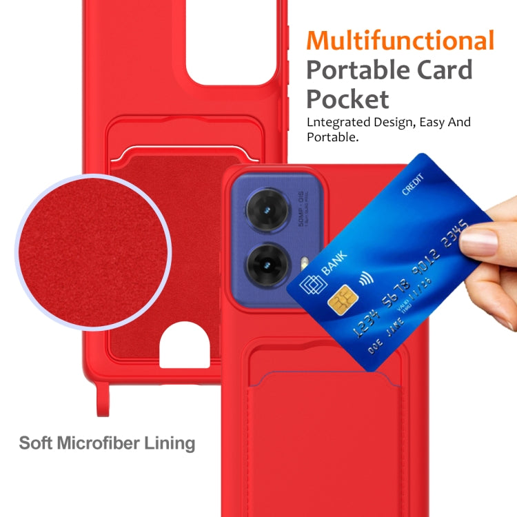 For Motorola Moto G96 / G85 / S50 Neo Integrated Card Bag Solid Color Liquid Silicone Phone Case with Lanyard