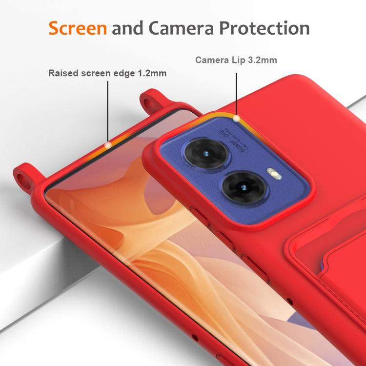 For Motorola Moto G96 / G85 / S50 Neo Integrated Card Bag Solid Color Liquid Silicone Phone Case with Lanyard