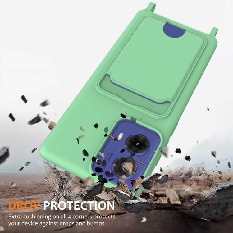 For Motorola Moto G96 / G85 / S50 Neo Integrated Card Bag Solid Color Liquid Silicone Phone Case with Lanyard