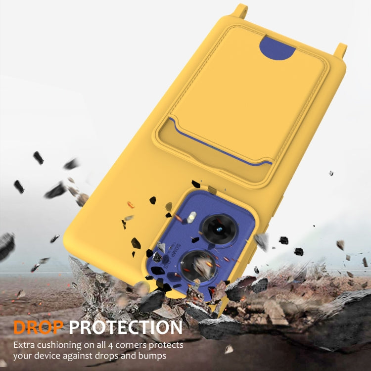 For Motorola Moto G96 / G85 / S50 Neo Integrated Card Bag Solid Color Liquid Silicone Phone Case with Lanyard