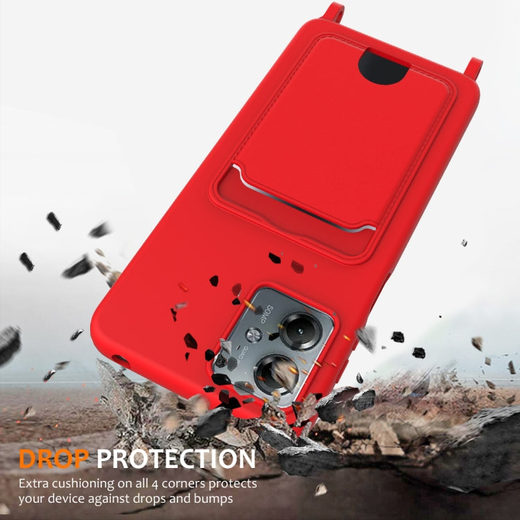 For Motorola Moto G14 Integrated Card Bag Solid Color Liquid Silicone Phone Case with Lanyard