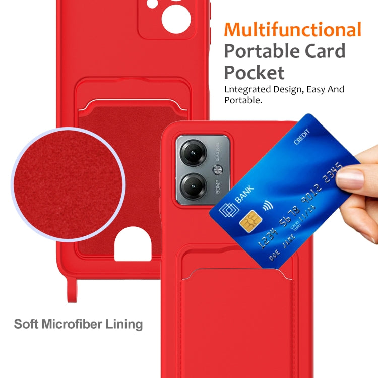 For Motorola Moto G14 Integrated Card Bag Solid Color Liquid Silicone Phone Case with Lanyard