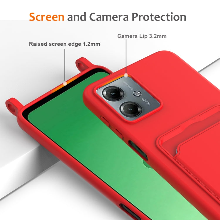 For Motorola Moto G14 Integrated Card Bag Solid Color Liquid Silicone Phone Case with Lanyard