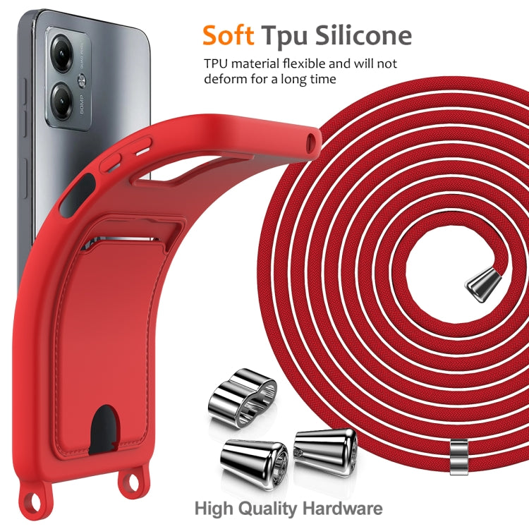 For Motorola Moto G14 Integrated Card Bag Solid Color Liquid Silicone Phone Case with Lanyard