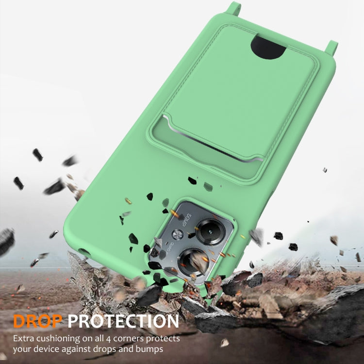 For Motorola Moto G14 Integrated Card Bag Solid Color Liquid Silicone Phone Case with Lanyard