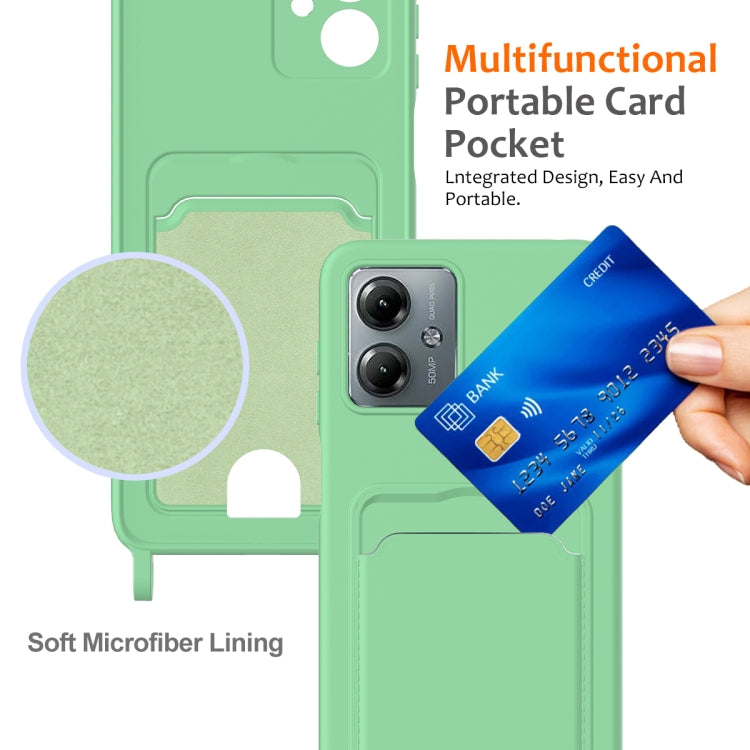For Motorola Moto G14 Integrated Card Bag Solid Color Liquid Silicone Phone Case with Lanyard