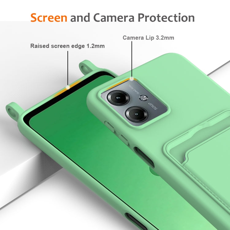 For Motorola Moto G14 Integrated Card Bag Solid Color Liquid Silicone Phone Case with Lanyard